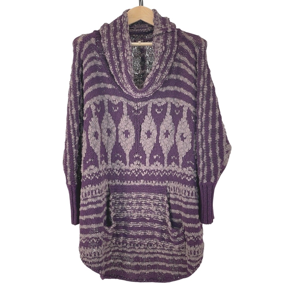 Free People Purple Geometric Chunky Knit Cowl Neck Sweater Womens M Boho Chunky